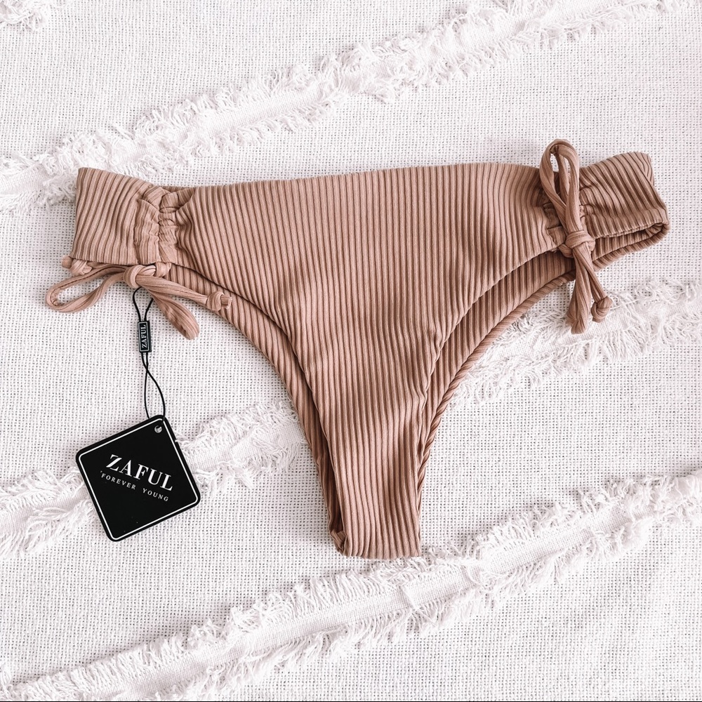 Tan Beige ribbed bikini bottom with tie accent